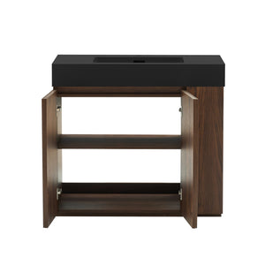 English Elm Galan Freestanding Bathroom Vanity Quartz Basin Fluted Wood Cabinet Modern Bath Walnut Brown W1865S00222