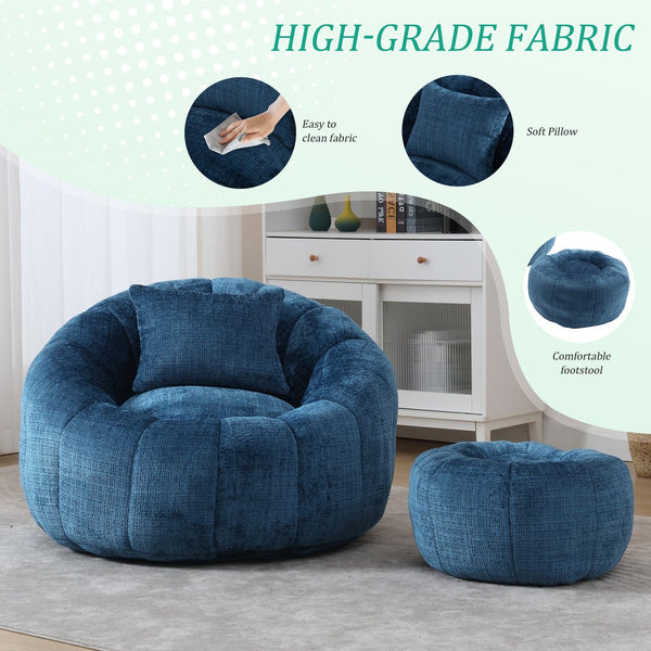 English Elm UNITED Cloud-Luxe Chenille Memory Foam Bean Bag Chair with Ottoman and Pillow for Ultimate Comfort Peacock Blue W1568P361694