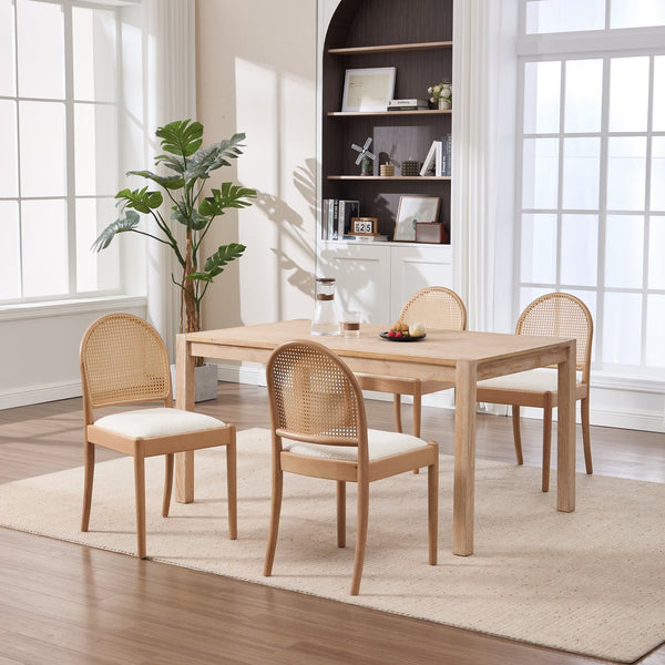 English Elm Rattan Backrest Dining Chairs Set of 2 Teddy Fabric Cushion Solid Wood Legs Kitchen Beige W3244P475485