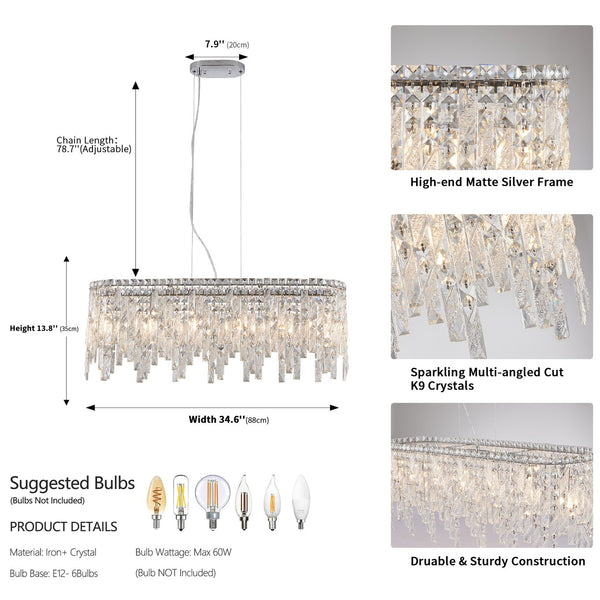 English Elm Silver Oval Iron Chandelier with K9 Crystal Teardrops for Dining Room or Foyer W2312P415971