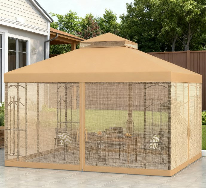 English Elm Outdoor Double Roof Gazebo with Mesh Netting Corner Shelves and Steel Frame T3971P426876