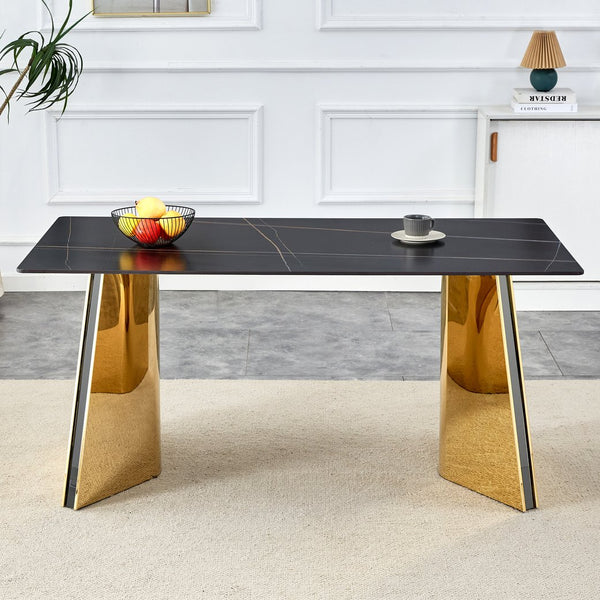 English Elm 63"x31.5x30" Marble Slab Rectangular Dining Table with Sculptural Butterfly Stainless Legs Black,Gold W1151S04617