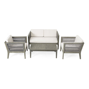 English Elm Christopher Knight Home® - 4-Pieces Acacia Wood Patio Furniture Set with Grey Rope & Beige Cushions, Weatherproof Deep Seating Set N780P171148F