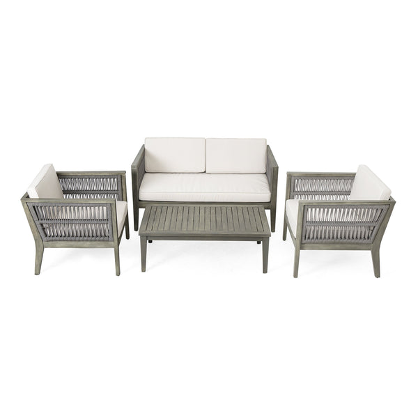 English Elm Christopher Knight Home® - 4-Pieces Acacia Wood Patio Furniture Set with Grey Rope & Beige Cushions, Weatherproof Deep Seating Set N780P171148F