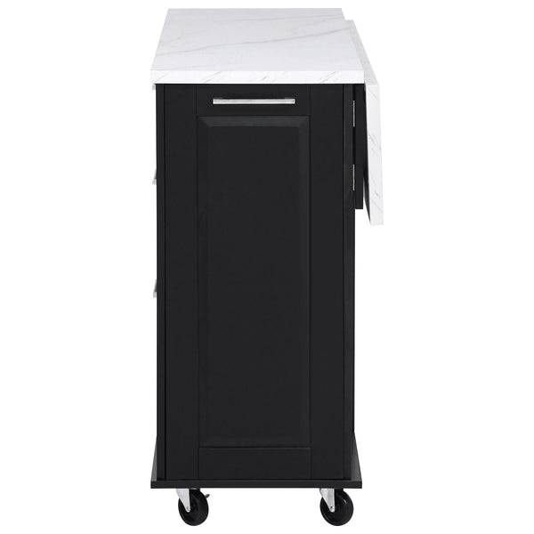 English Elm K&K Vintage Convex Kitchen Island Cart with Faux Marble Top, Tilt Trash, Pull-Out Organizer, Wheels Black N707P299008B