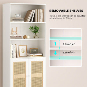 English Elm Tall Rattan Door Bookcase with 5 Shelves — Stylish Tall Storage Shelf for Living Room Office LibraryBedroom White T3623P379893