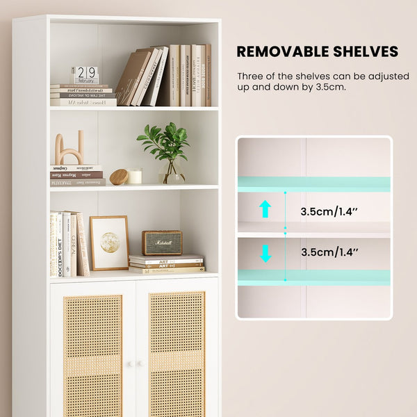 English Elm Tall Rattan Door Bookcase with 5 Shelves — Stylish Tall Storage Shelf for Living Room Office LibraryBedroom White T3623P379893