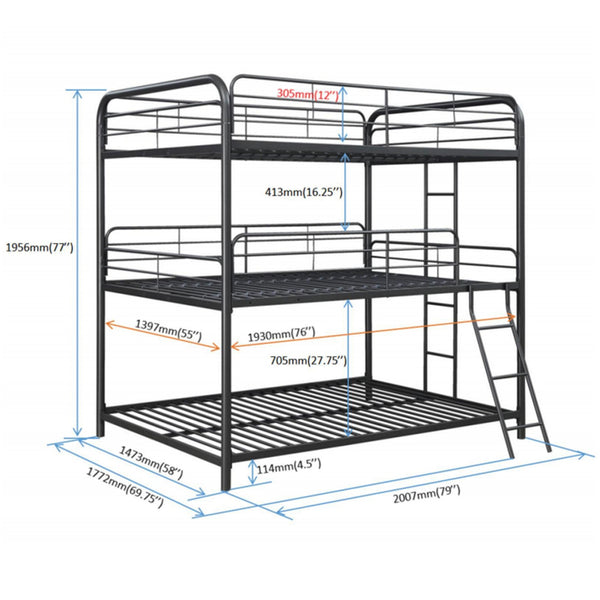 English Elm Furniture Triple Bunk Bed - Space-Saving Full-Size Metal Design In Sleek Black For Modern Living W311S00052