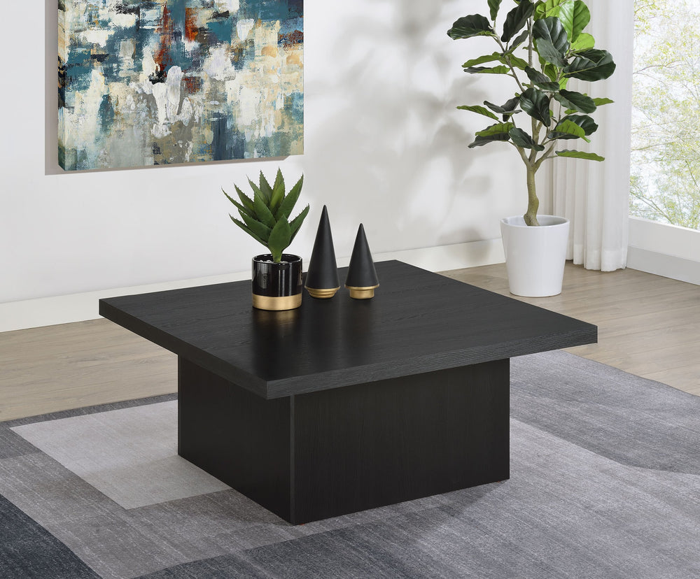 English Elm Square Engineered Wood Cocktail Table Matte Black Pedestal Base Modern Living Room B016P469769