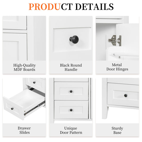 English Elm 36-Inch White Bathroom Vanity With Sink, Modern Mdf & Rubberwood, 3 Drawers & Adjustable Shelf Storage N725P350821K