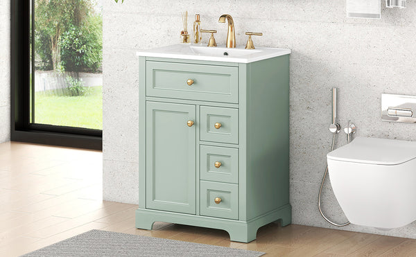 English Elm "24'' 24 Inch Glossy Freestanding Bathroom Vanity with Gold Hardware and Soft Close Storage Green Pinewood N725P375495F