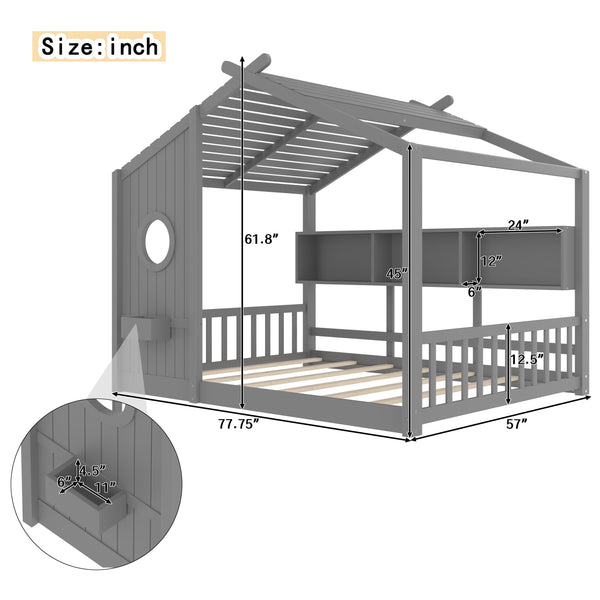 English Elm Full House Floor Bed with Roof Playhouse Design, Montessori Style with Rear Storage Shelf, Sturdy Pine Gray 78.5 L x 16.35 W x 8 H N733P335068E
