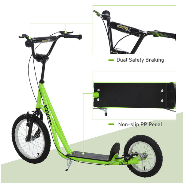 English Elm Aosom Youth Kick Scooter Steel Frame Adjustable Handlebar Inflatable Tires Dual Brake Green W2225P217069