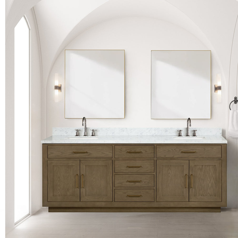 English Elm Grey Oak Double Bath Vanity With Carrara Marble Top, Chrome Faucets & Mirrors - Elegant Storage Solution B2731S01820