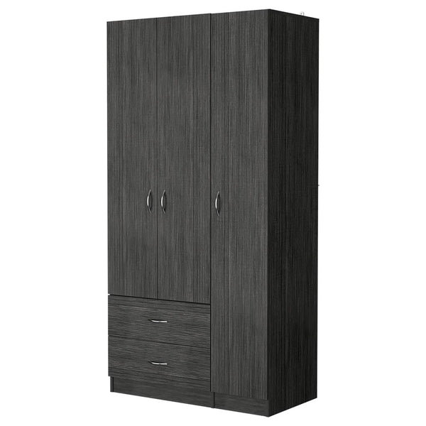 English Elm Eureka Smoke Oak Three-Door Armoire with Rod, Two Deep Drawers & Adjustable Shelves — 70.8"H x 35.4"W B128S00087