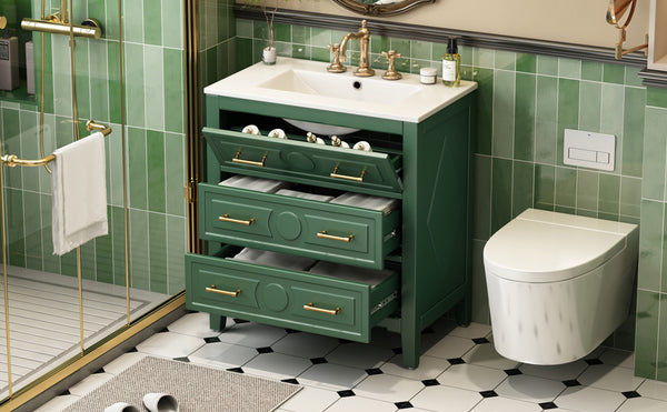 English Elm 30'' Bathroom Vanity with Ceramic Sink, Solid Wood Frame Retro Style Vanity with 3 Drawers & Gold Handles Green N710P246209F