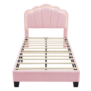 English Elm Twin Flower-Shape Upholstered Bed with LED Headboard, Pink Sherpa Platform Twin Bed for Kids Room Cozy Chic N733P177307H