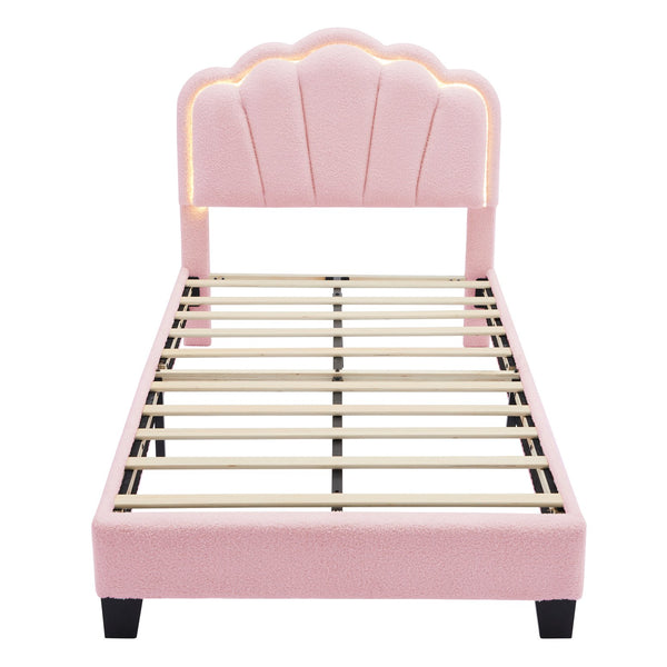 English Elm Twin Flower-Shape Upholstered Bed with LED Headboard, Pink Sherpa Platform Twin Bed for Kids Room Cozy Chic N733P177307H