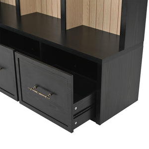 English Elm Hall Tree Entryway Organizer with Bench Drawers Hooks Arched Wood Grain Vintage Style Black N721P415881B