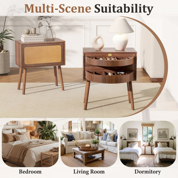 English Elm Rotating Rattan Nightstand Push Open Hidden Storage Mid Century Wood Leg Bedside Walnut N761P288451N