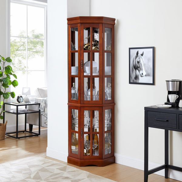 English Elm Corner Curio Cabinet with 5 Shelves and Built-In Lighting, Glass Display Case for Home Décor and Collectibles, Space-Saving Corner Accent (47x21x10.75) Walnut W1693P183978