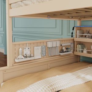 English Elm Full Xl Over Queen Bunk Bed Pinewood Frame with Led Lights Shelving Pegboard Beige LT000279AAA