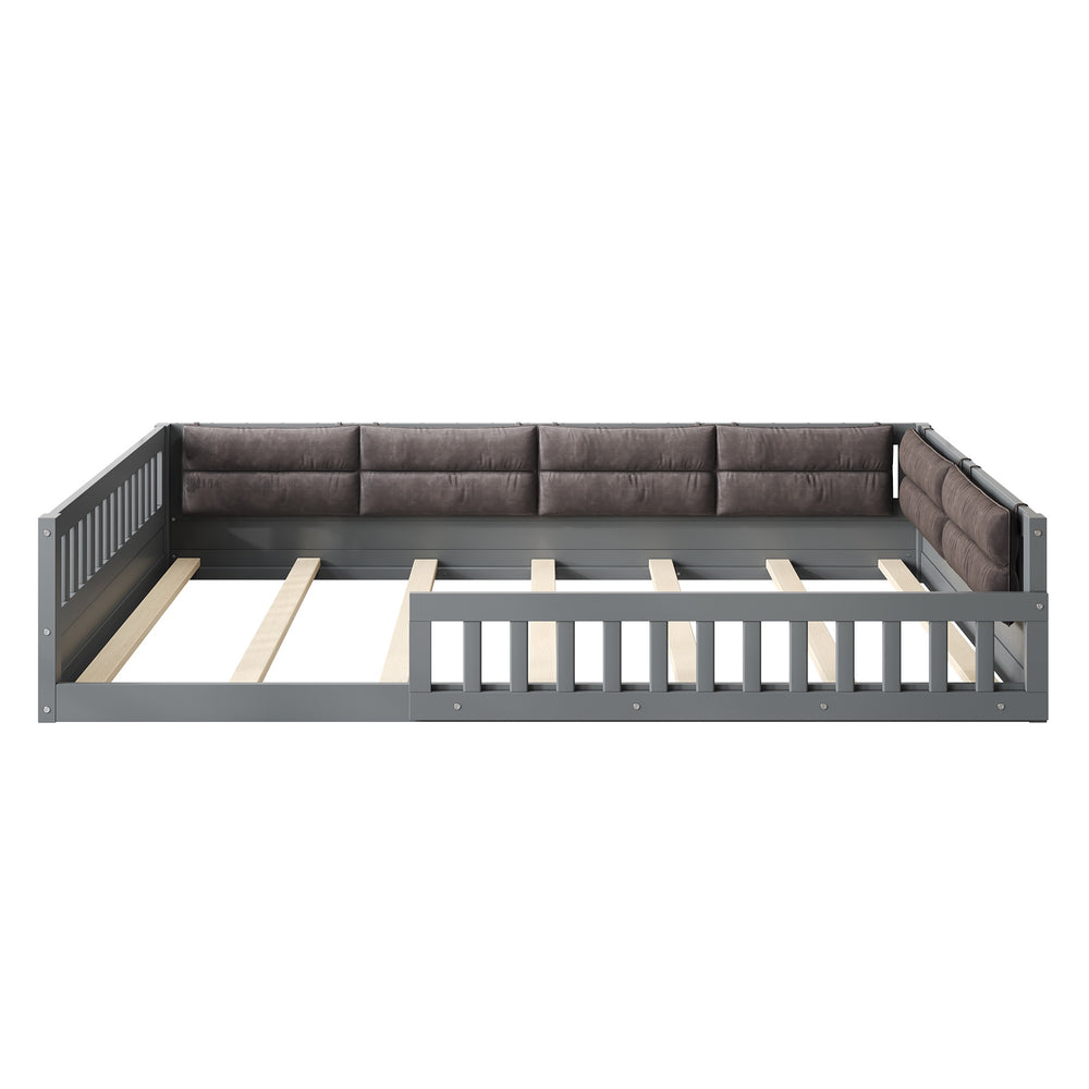 English Elm Wood Full Size Upholstered Platform Bed with Guardrail and Head Pillow, Sleek Silhouette, Sturdy 600lb Capacity Gray WF323090AAE