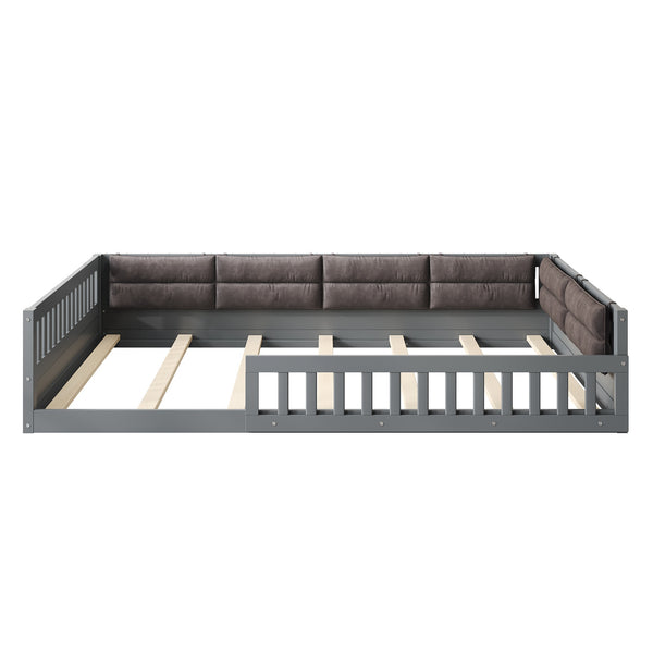 English Elm Wood Full Size Upholstered Platform Bed with Guardrail and Head Pillow, Sleek Silhouette, Sturdy 600lb Capacity Gray WF323090AAE