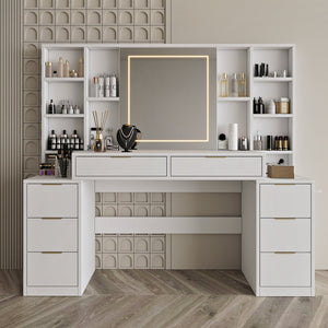 English Elm Makeup Vanity Table with Led Mirror Eight Drawers Open Shelves Bedroom Dressing W3393S00004