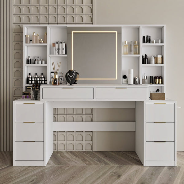 English Elm Makeup Vanity Table with Led Mirror Eight Drawers Open Shelves Bedroom Dressing W3393S00004