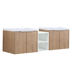 English Elm 60 Inch Wall Mounted Vanity with Dual Resin Sinks, Soft Close Doors, Metal Handles & Shelves Durable Finish Imitative Oak W999S00186