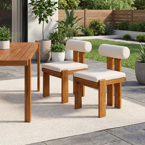 English Elm Outdoor Acacia Wood Dining Chairs Set of 2 with Sculptural Cylindrical Backrest Cushions N776P387625B