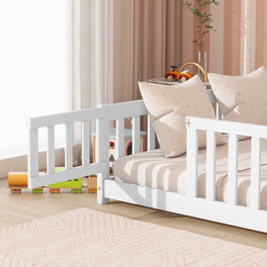 English Elm Full Size Floor Bed With Safety Guardrails & Convenient Door, Eco-Friendly Rubberwood Design In White W504P286379