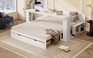 English Elm Queen Daybed with Hydraulic Desk Storage Drawers and Convertible Sofa for Small Spaces White LT000272AAK