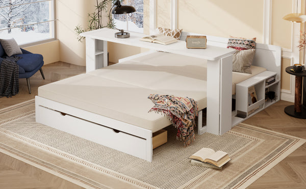 English Elm Queen Daybed with Hydraulic Desk Storage Drawers and Convertible Sofa for Small Spaces White LT000272AAK