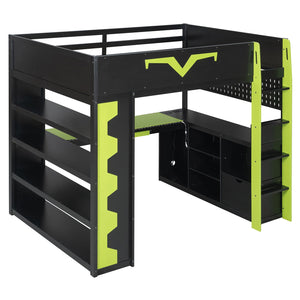 English Elm Full Size Gaming Loft Bed with Desk Rgb Lighting Power Outlet and Storage Drawer Green LT000285AAF