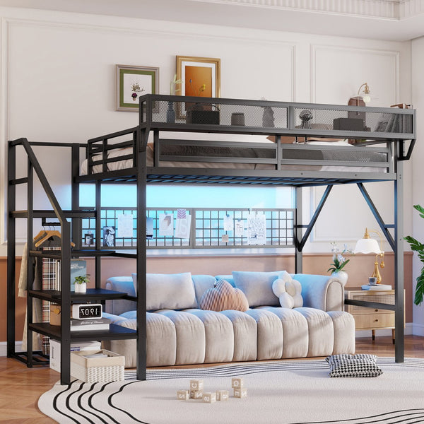 English Elm Queen Metal Loft Bed with Stair Storage Wardrobe Rgb Lighting for Teens Adults W2580S00052