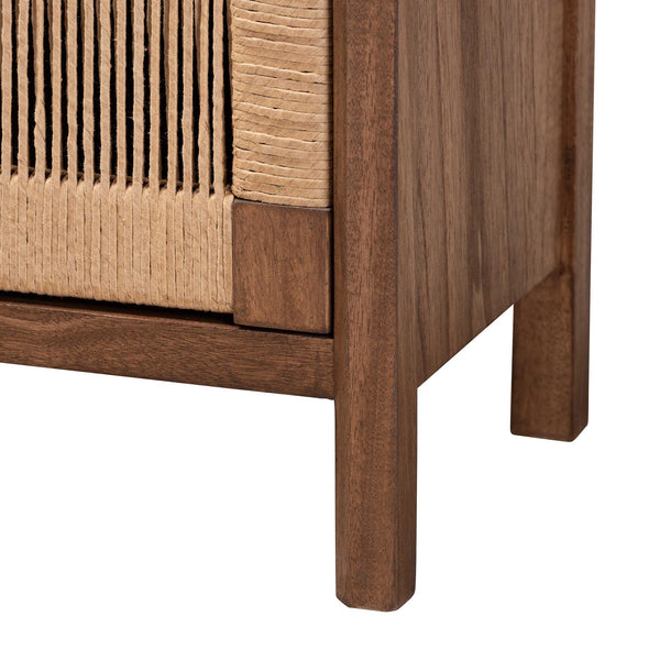 English Elm Modern Bayur Wood Nightstand with Rope Webbing Door and Walnut Finish Boho Bedroom B2750P420387
