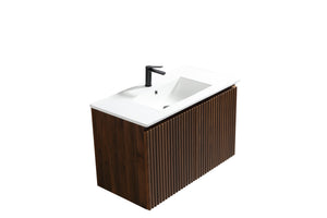 English Elm 30 Inch Floating Bathroom Vanity Fluted Wood Grain Front with Ceramic Integrated Sink Walnut W3520S00028