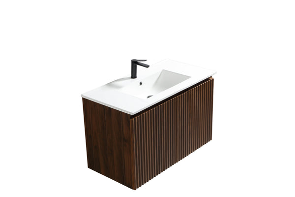 English Elm 30 Inch Floating Bathroom Vanity Fluted Wood Grain Front with Ceramic Integrated Sink Walnut W3520S00028