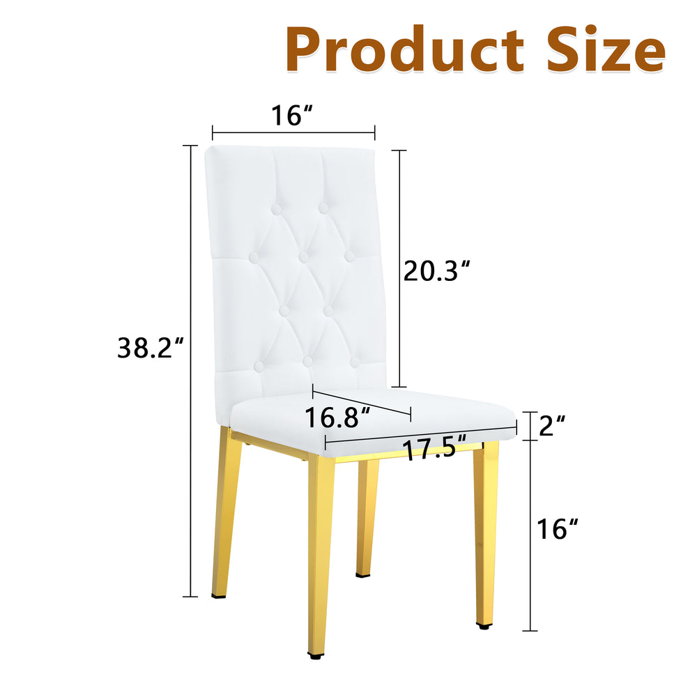 English Elm 4 White+Gold Dining Chairs Set – Quilted PU Seats, Studded Grid Back, Gold Metal Legs, Elegant 4-Pack W1512P410623