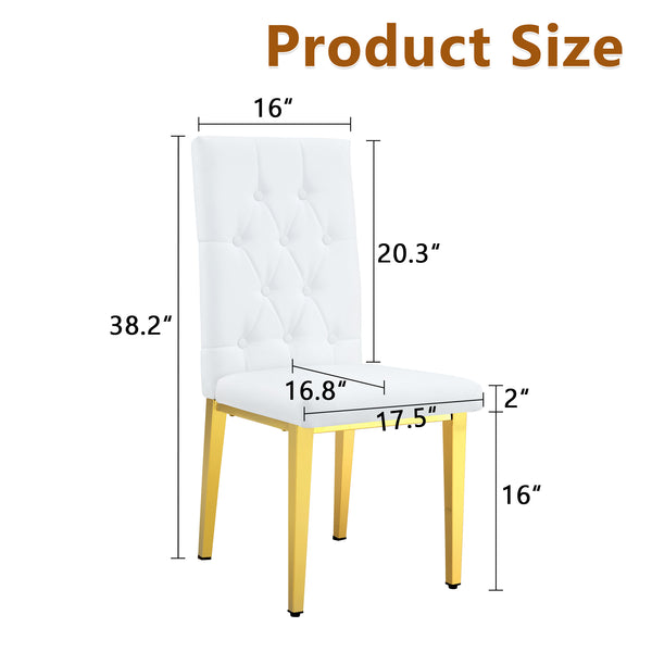 English Elm 4 White+Gold Dining Chairs Set – Quilted PU Seats, Studded Grid Back, Gold Metal Legs, Elegant 4-Pack W1512P410623