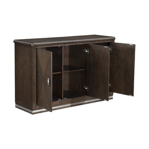 English Elm Modern Brown Wire-Brushed Server with 3 Cabinets, Adjustable Shelves, Nickel Diamond Handles & Metallic Base B011P372230