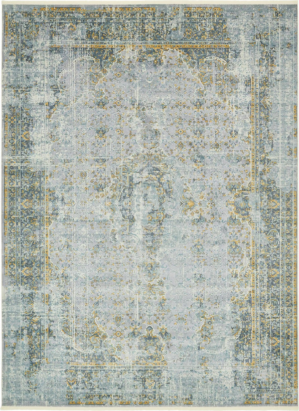 Unique Loom Baracoa Fidel Machine Made Border Rug Gray, Blue/Ivory/Teal/Yellow 10' 0" x 13' 1"