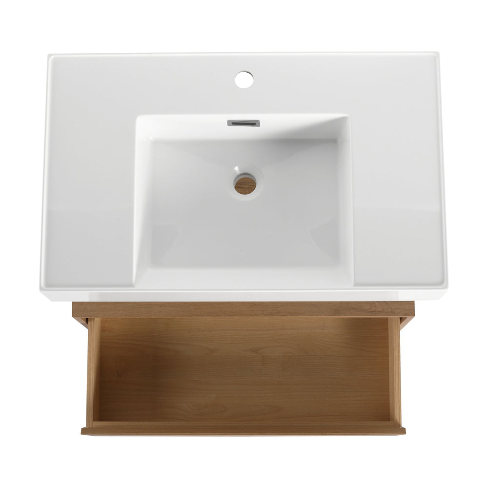 English Elm 30 Inch Wall-Mounted Bathroom Vanity Set With Resin Sink, Soft-Close Drawers & Storage Cabinets W999S00268