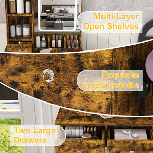 English Elm Modern Vanity Desk with Led Mirror 3 Drawers Built-in Outlet and Matching Chair Antique Brown W509P465834