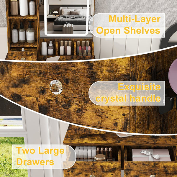 English Elm Modern Vanity Desk with Led Mirror 3 Drawers Built-in Outlet and Matching Chair Antique Brown W509P465834