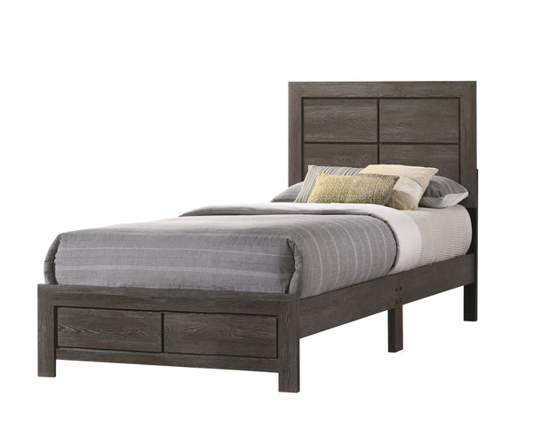 English Elm 1pc Twin Size Rustic Platform Bed with Clean-Lined Headboard, Durable Wood Grain Finish, Easy Assembly Brown,Gray 44.49 L x 28.35 W x 5.31 H B2741P333940