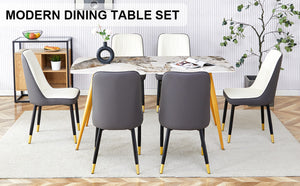 English Elm Table Set: Modern Minimalist Dining With White Imitation Marble Top & 6 Ergonomic Pu Chairs, Gold & Black W1151S01670-GIGA