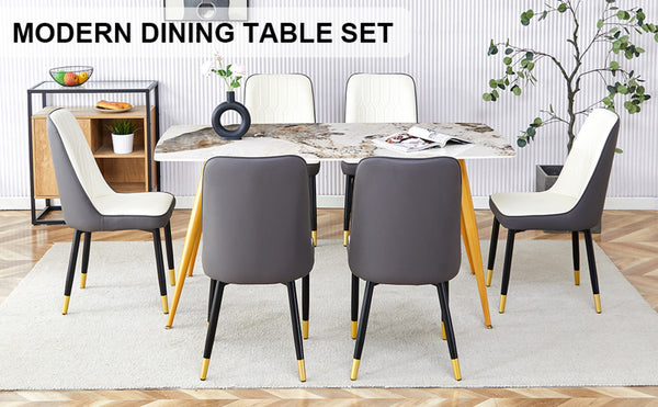 English Elm Table Set: Modern Minimalist Dining With White Imitation Marble Top & 6 Ergonomic Pu Chairs, Gold & Black W1151S01670-GIGA